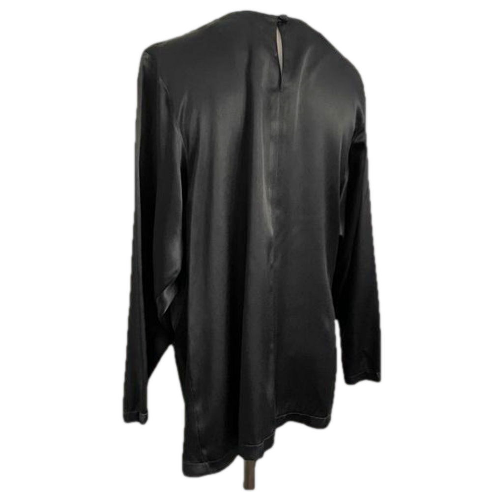 Vintage 80s Black Long Sleeve Batwing Satin Blouse - Medium - Picture 10 of 11